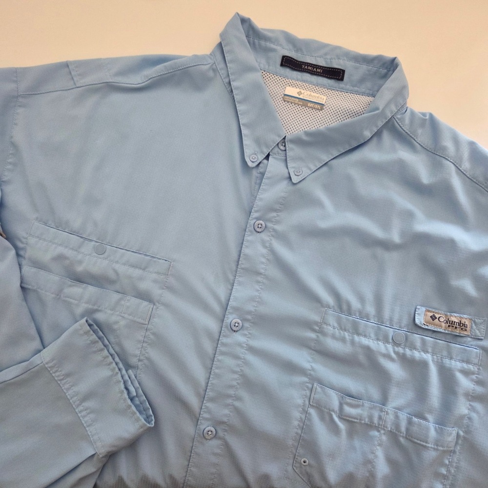 Columbia Tamiami PFG Fishing Shirt Light Blue Ripstop Vent Mens 5XT/5TL